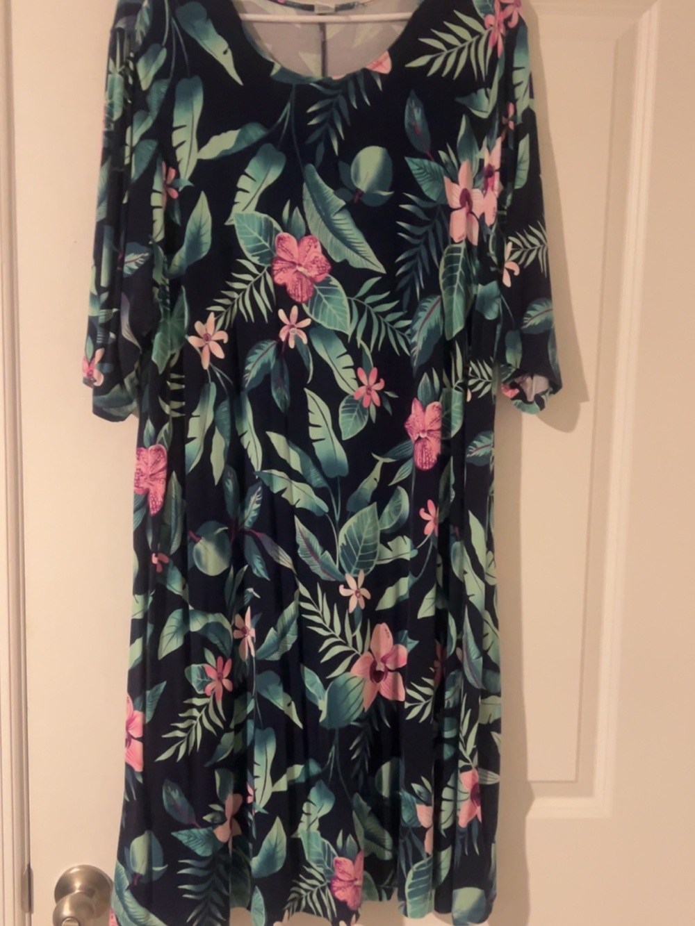 Old Navy Black Midi Dress with Pink Floral & Green Leaf Print